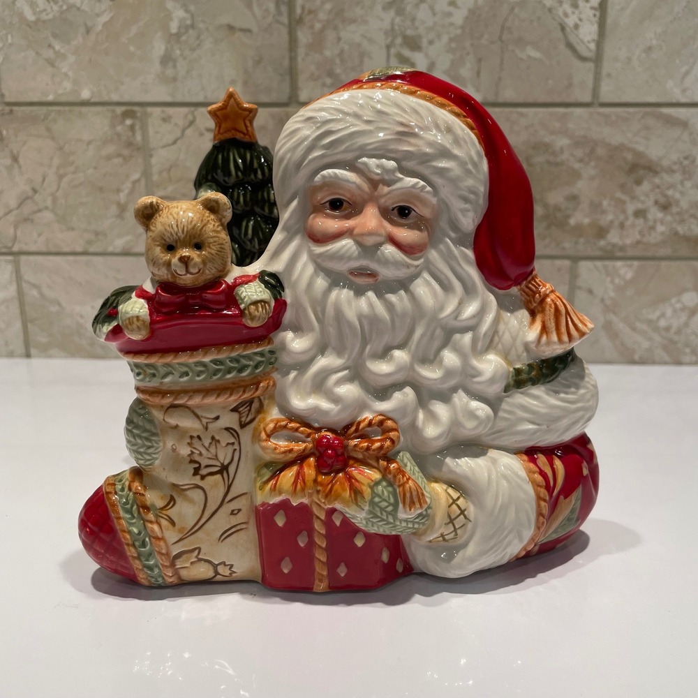 Fitz and Floyd Damask Holiday Santa Claus Ceramic Napkin Card Holder Christmas